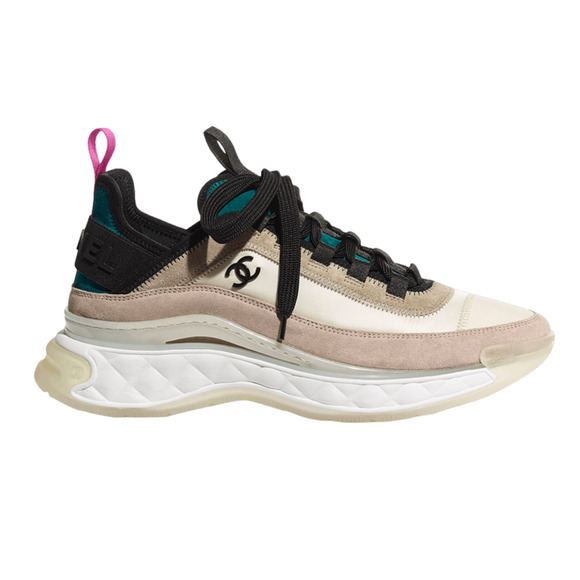 Chanel 20K Beige Pink Black White CC Logo Lace Up Flat Runner Trainer Sneaker 41 - Picture 1 of 12